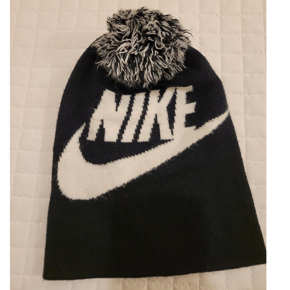 Nike Kids' Black White Pom Pom Foldover Beanie Cozy Hat Wintertime Snow Cold Fun
